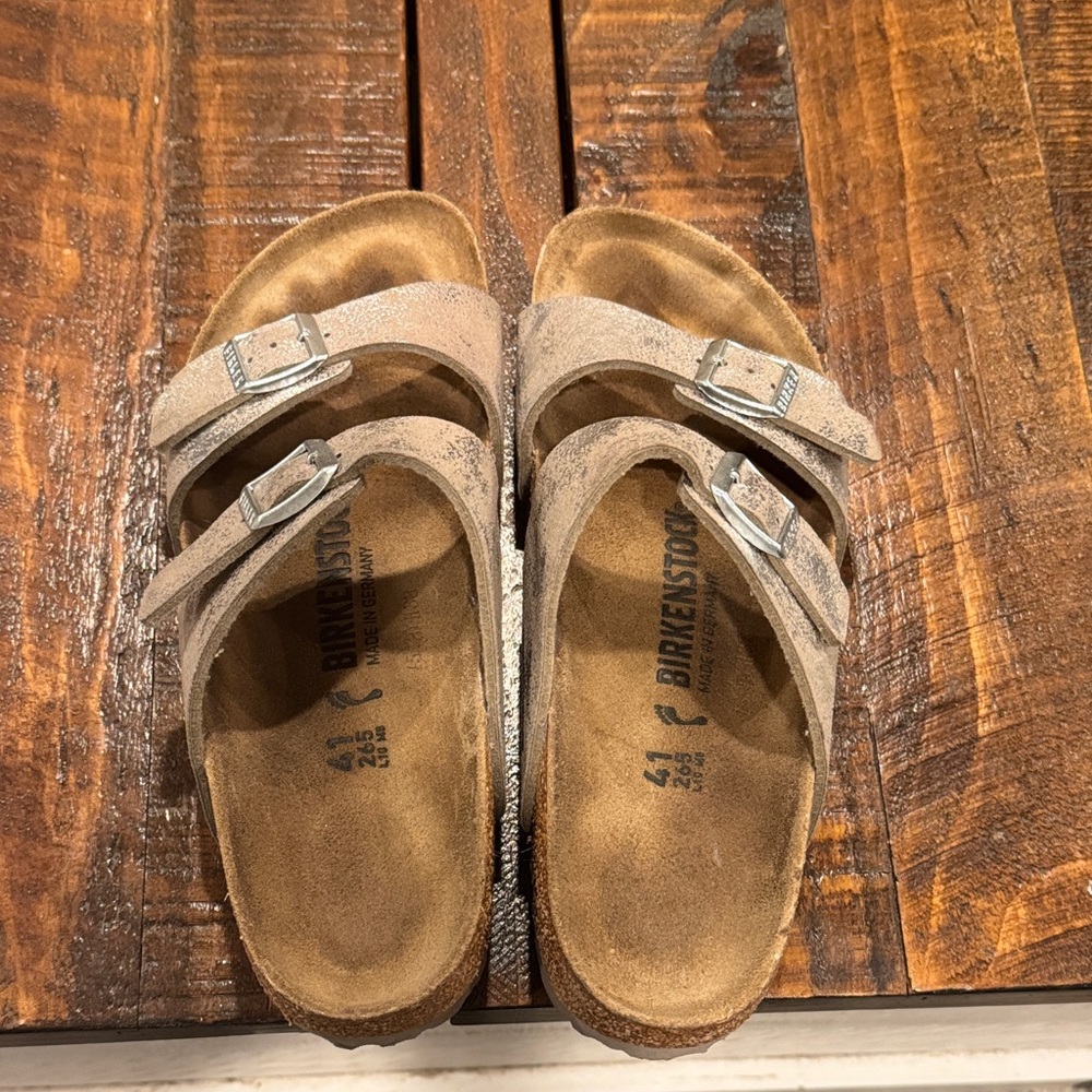 Birkenstock Distressed Silver & Light Brown Suede Sandals